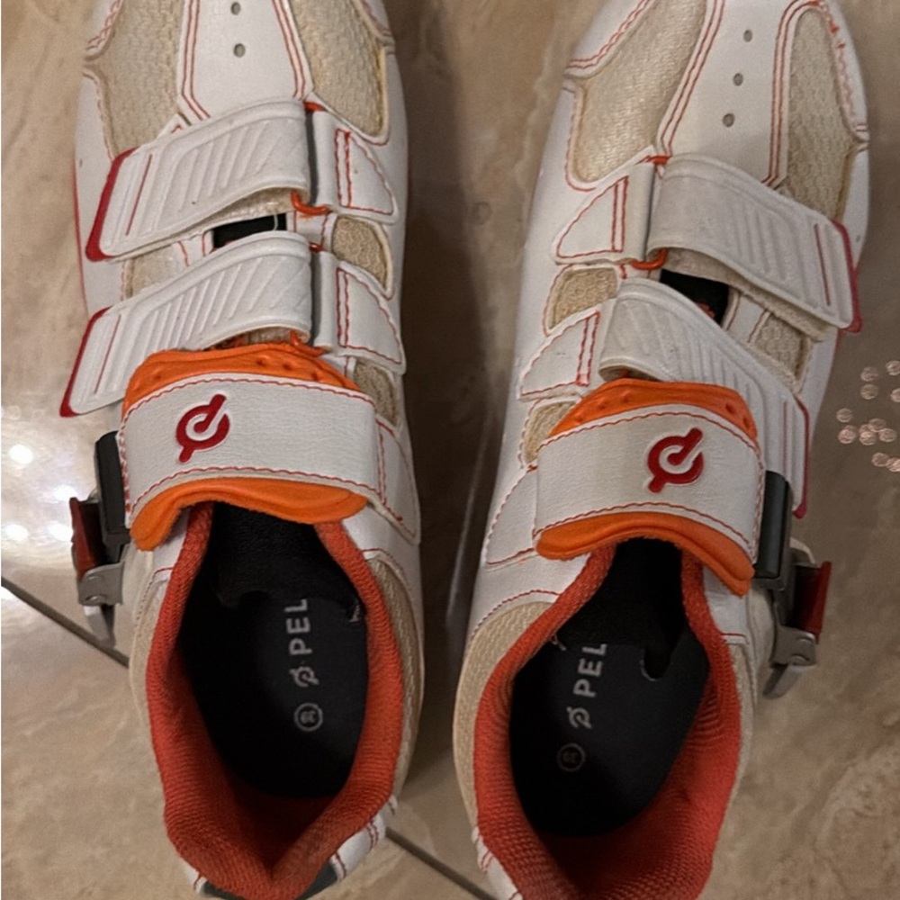 Peloton White and Orange Cycling Shoes Cleats